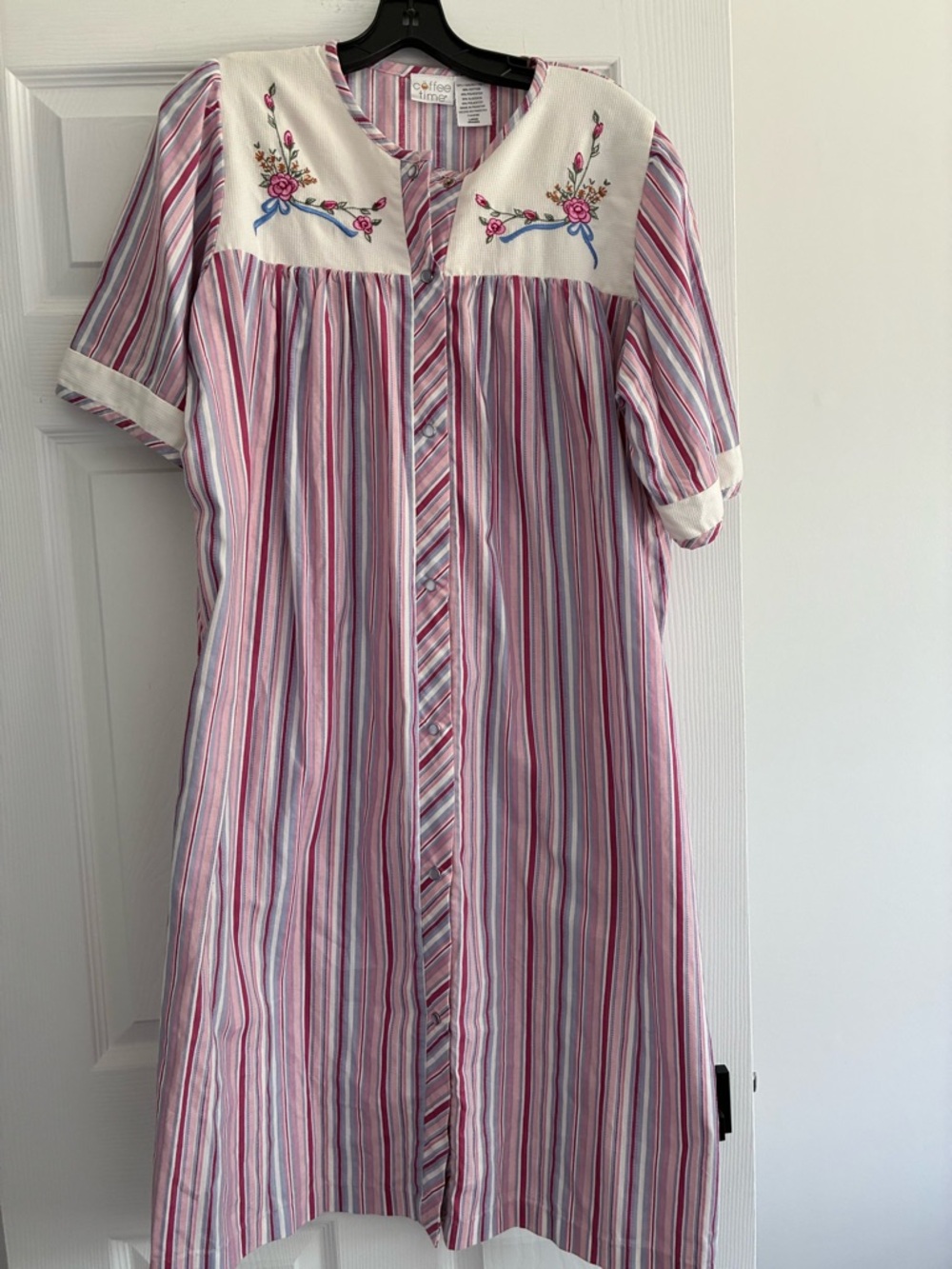 Coffee Time Embroidered Striped Button-Front Nightgown - Pink & White Large